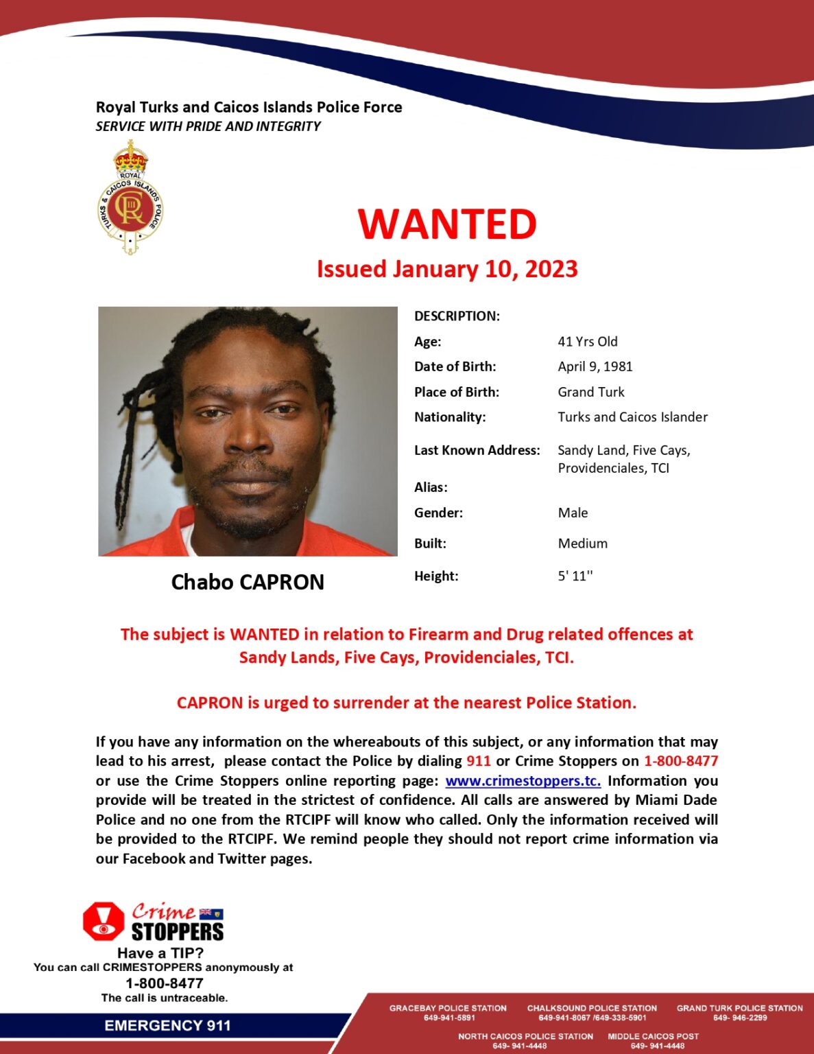 WANTED POSTER Chabo CAPRON Royal Turks and Caicos Island Police